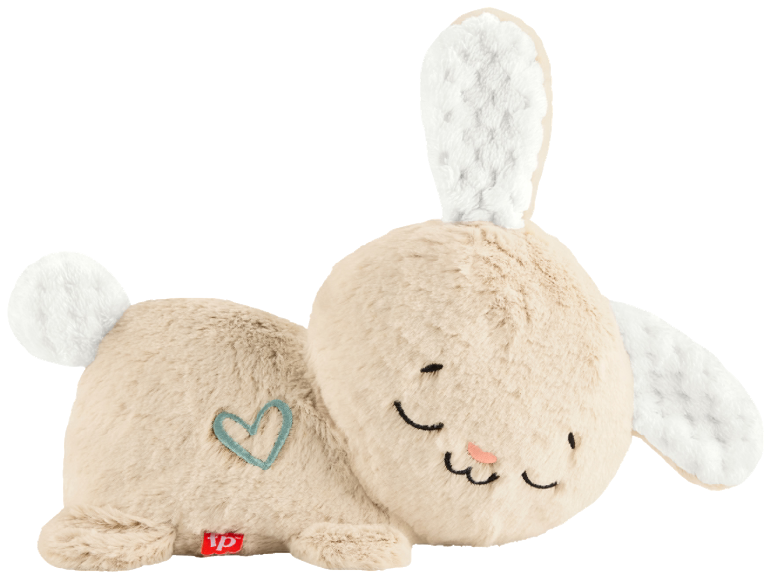 Coniglio di peluche beige con orecchie bianche, coda e un cuore blu ricamato sul fianco.