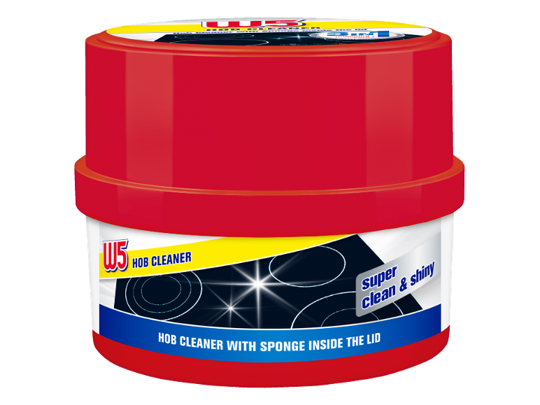 Vasetto rosso di detergente per piani cottura con la scritta «super pulito e brillante».