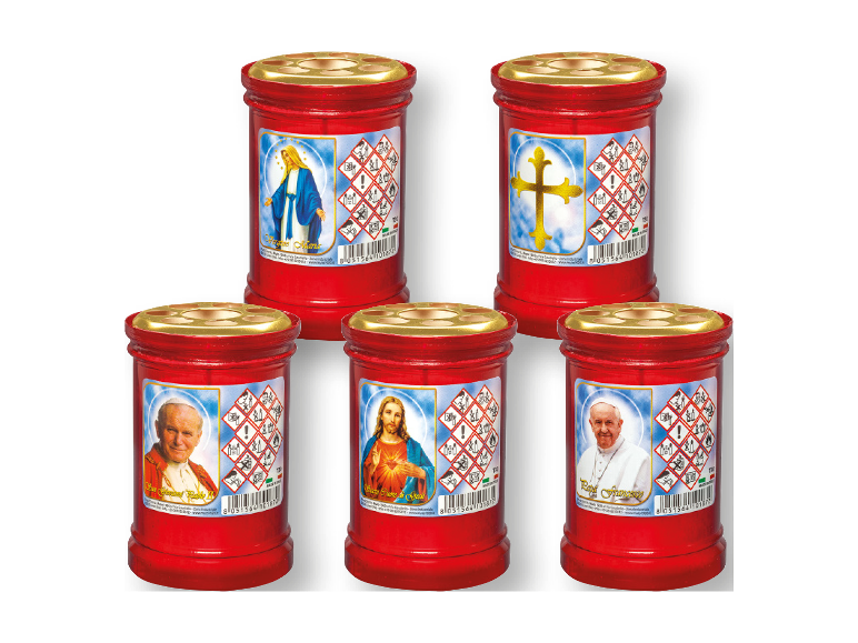 Lumini votivi rossi con vari motivi religiosi.