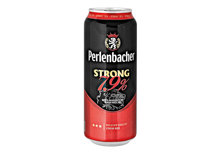 Lattina di birra forte nera e rossa con 7,9% di alcol e un leone.