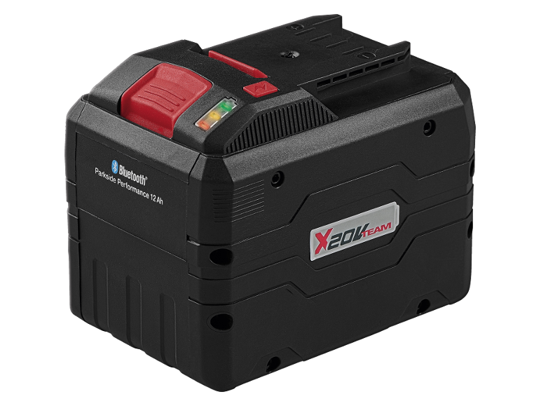 Batteria per utensili elettrici da 12 Ah con Bluetooth e indicatore di carica.