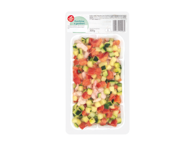 Mix surgelato di zucchine, gamberi e pomodori in vaschetta di plastica, 300g.