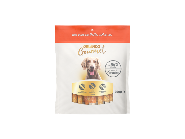 Snack per cani con pollo e manzo, ricchi di proteine, senza zuccheri aggiunti, conservanti, coloranti e soia, 200g.