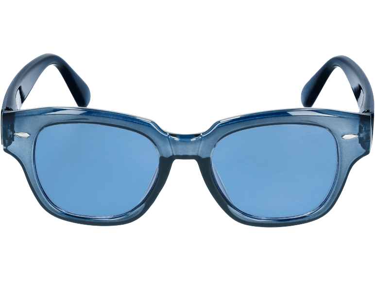 Occhiali da sole blu con lenti blu su sfondo nero.