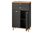 Cassettiera grigio scuro con piano in legno, tre cassetti e un armadietto con ripiano.