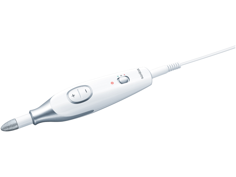 Dispositivo elettrico bianco per manicure/pedicure con accessori e cavo.