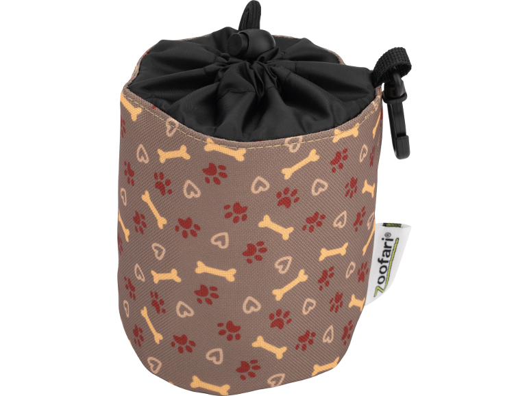 Borsa per crocchette per cani con motivo di ossa, zampe e cuori.