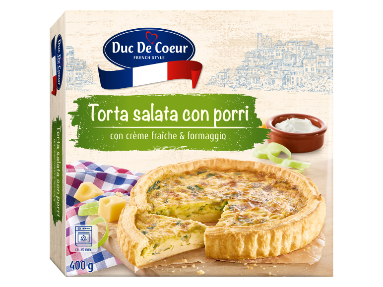Torta salata con porri, crème fraîche e formaggio, con tempo di cottura e peso.