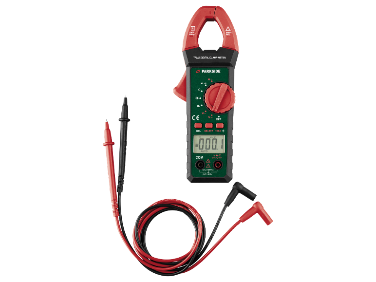 Pinza amperometrica digitale con puntali, che mostra 000.1 mV.