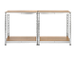 Scaffali metallici modulari con due ripiani in legno, ideali per l'archiviazione.