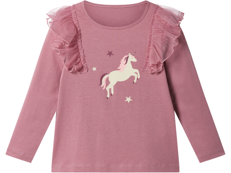 Maglietta a maniche lunghe rosa da bambina con unicorno e balze in tulle.