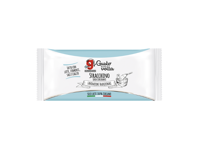 Confezione di stracchino, fatto con latte, fermenti, sale e caglio, solo latte 100% italiano.
