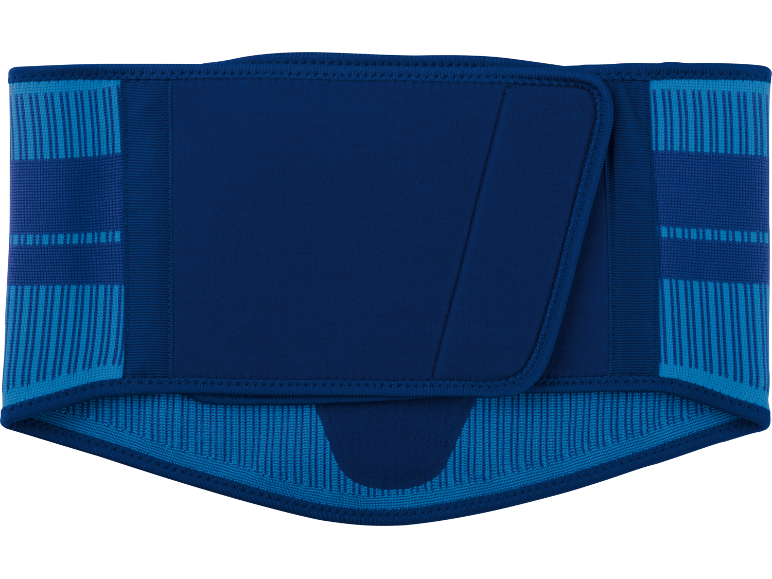 Cintura di supporto lombare blu con dettagli in tessuto.