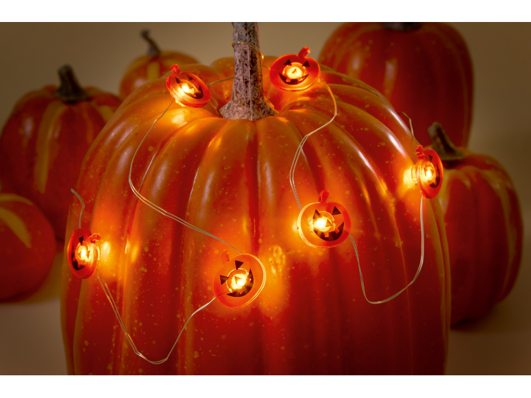 Zucca decorata con una ghirlanda di luci a forma di piccole zucche, con altre zucche sullo sfondo.