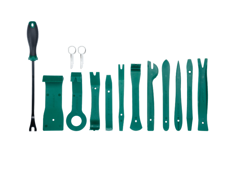 Set di attrezzi verdi in plastica per la rimozione di rivestimenti e una leva metallica per pannelli auto.
