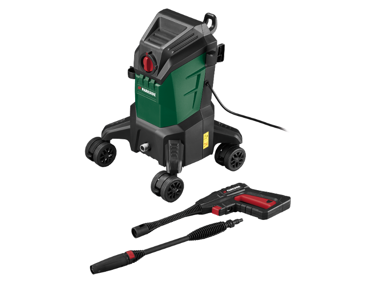 Idropulitrice verde e nera con pistola a spruzzo e due ugelli.