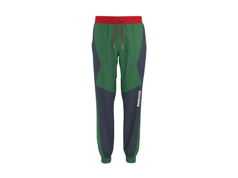 Pantaloni sportivi con vita rossa, inserti verdi e grigio scuro, e scritta sulla gamba.