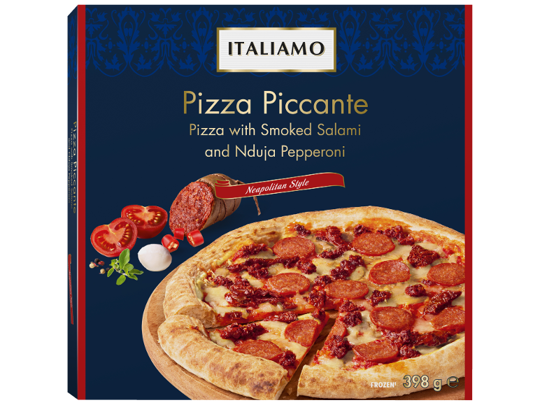 Pizza Piccante con salame affumicato e Nduja Pepperoni, stile napoletano, 398g.