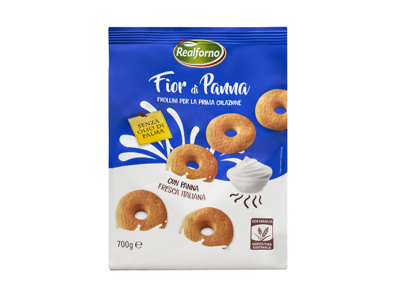 Biscotti alla panna senza olio di palma, con panna fresca italiana e farina da agricoltura sostenibile.