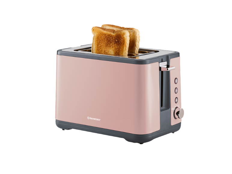Tostapane rosa con due fette di pane tostato dorato, su sfondo nero.