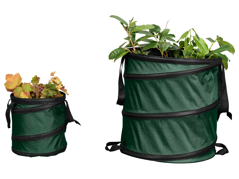 Due contenitori da giardino pieghevoli verdi, uno piccolo con foglie autunnali e uno grande con piante verdi.