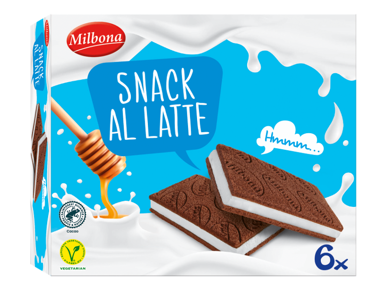 Scatola di biscotti al cioccolato con ripieno di latte, con miele e sigillo vegetariano.
