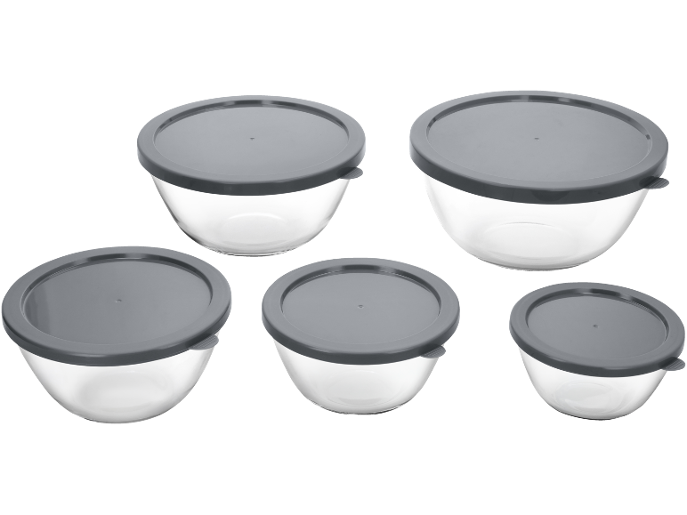 Set di cinque ciotole in vetro trasparente con coperchi in plastica grigio scuro, di varie dimensioni.