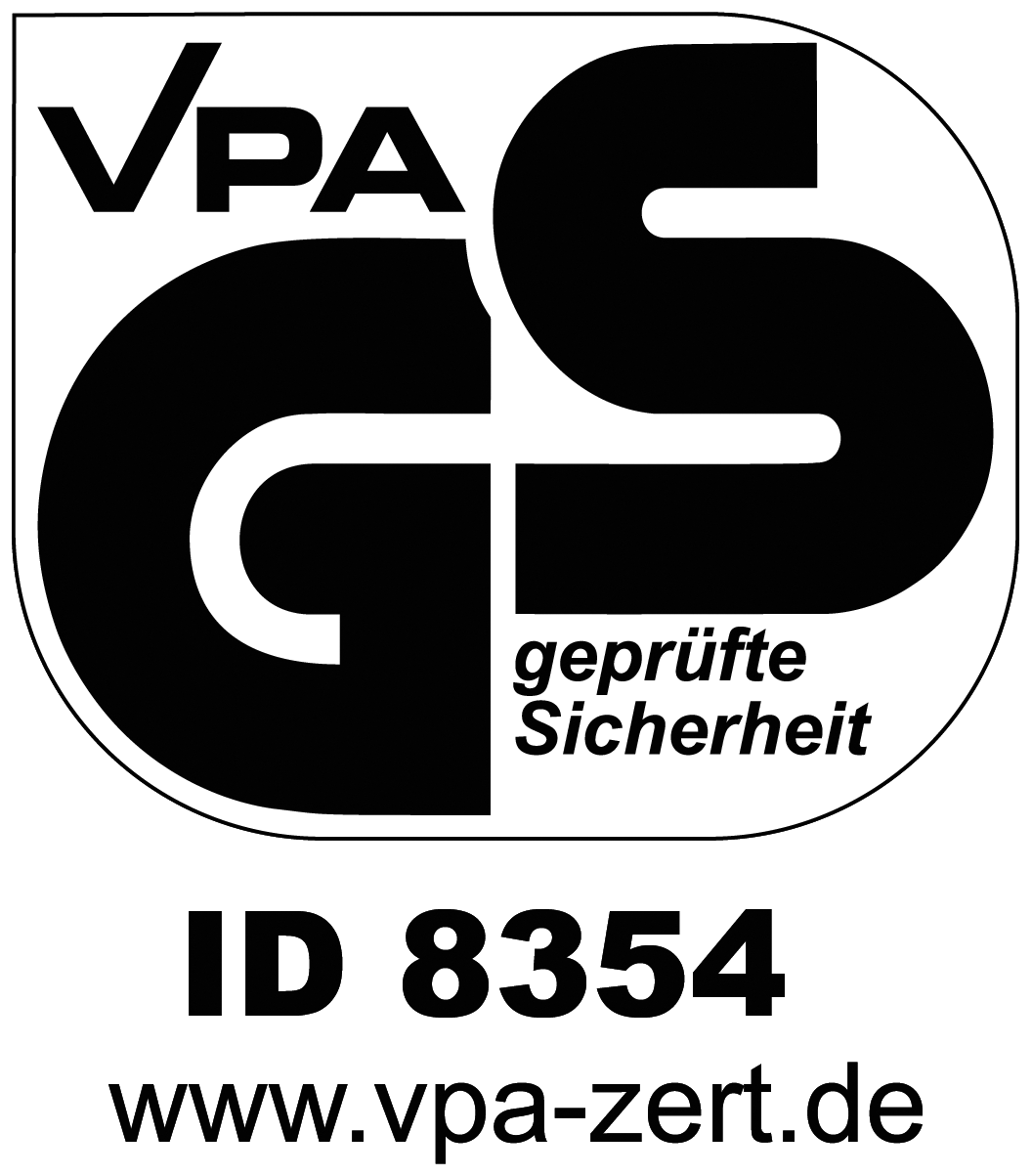 Sigillo GS con testo 'geprüfte Sicherheit' e ID 8354, www.vpa-zert.de
