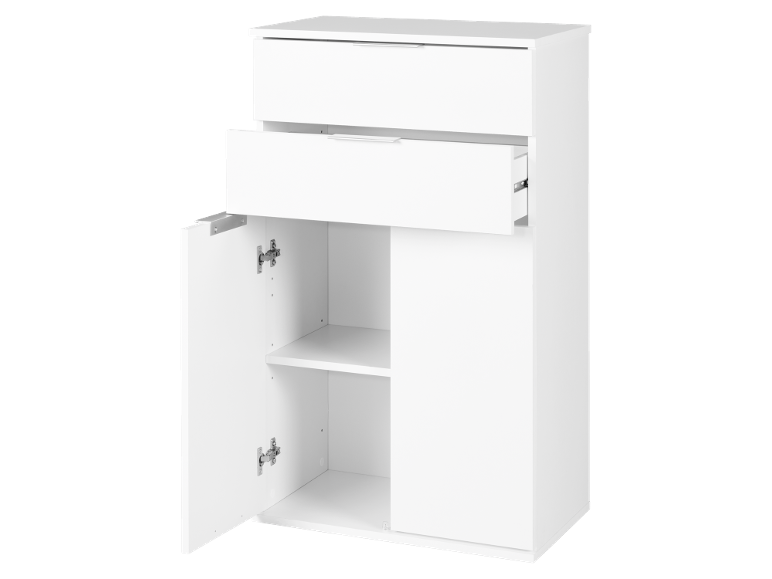 Cassettiera bianca con due cassetti e due armadietti, uno aperto.