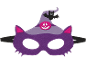 Maschera di Halloween in feltro viola con orecchie da gatto, cappello da strega, zucca e pipistrello.