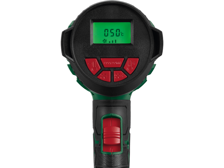 Pistola termica con display digitale che mostra 50°C e impostazioni della ventola.