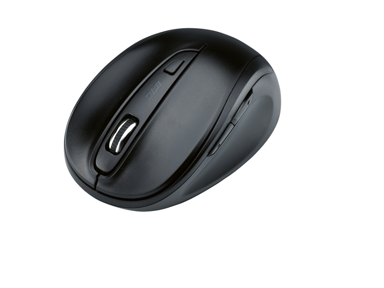 Mouse wireless nero con pulsante DPI e rotella di scorrimento.