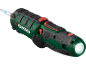 Avvitatore elettrico verde e nero con luce LED e punta, con pulsanti rossi.