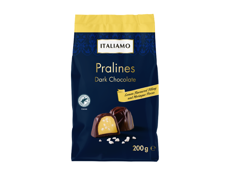 Sacchetto di praline di cioccolato fondente con ripieno al limone e pezzi di meringa, 200g.