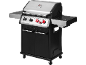 Barbecue a gas in acciaio inossidabile con corpo nero, ripiani laterali e ruote.