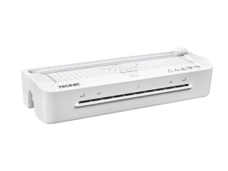 Laminatrice bianca con funzione taglierina, adatta per formati A4 e A5.