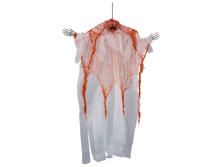 Fantasma di Halloween appeso con testa di zucca e occhi luminosi.