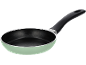 Padella verde chiaro con rivestimento antiaderente nero e manico nero.