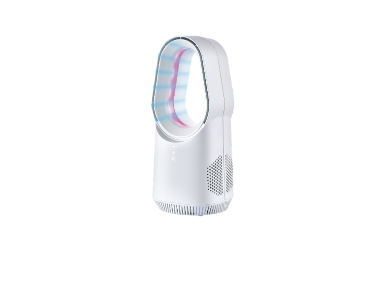 Ventilatore bianco senza pale con accenti luminosi blu e rosa, pulsanti di controllo e prese d'aria.