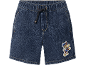 Pantaloncini in denim blu scuro per bambini con elastico in vita e toppa a forma di cane.