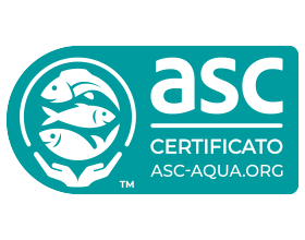 Sigillo ASC CERTIFICATO ASC-AQUA.ORG con tre pesci e due mani.