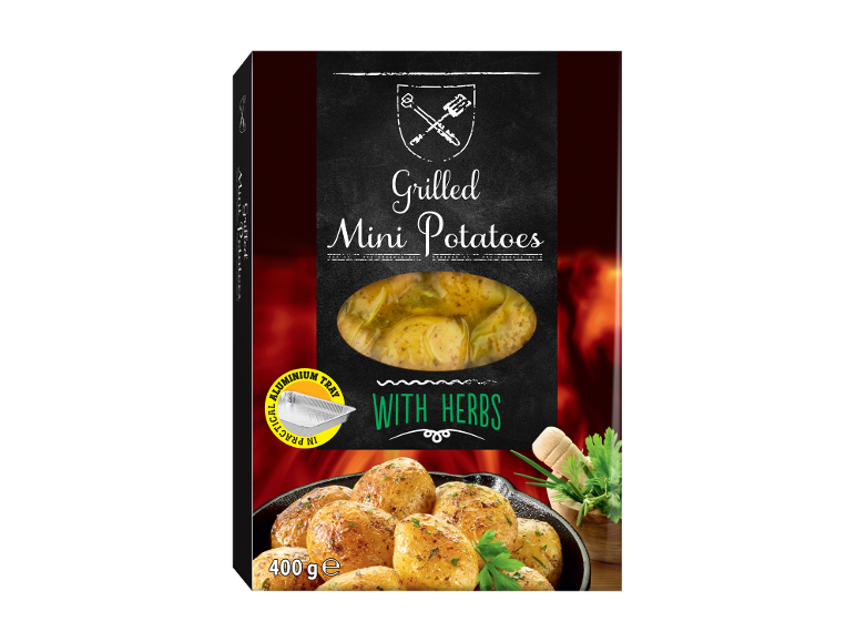 Confezione di mini patate grigliate con erbe in una vaschetta di alluminio, 400 g.