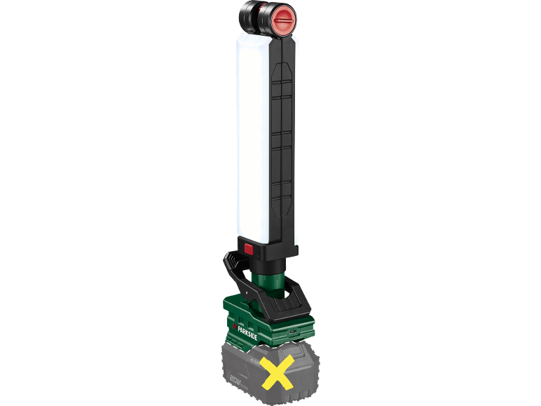 Lampada da lavoro a LED a batteria con pulsante di accensione rosso e base verde.