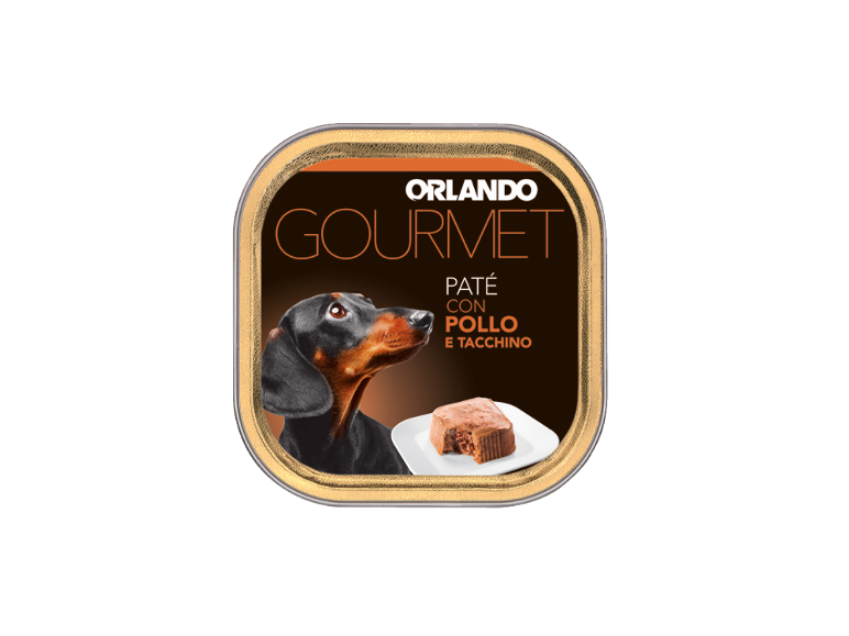 Paté per cani con pollo e tacchino, con un bassotto sulla confezione.