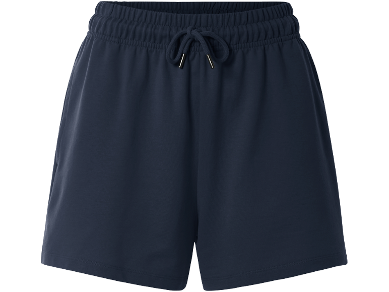 Pantaloncini da donna blu scuro con elastico in vita e coulisse.