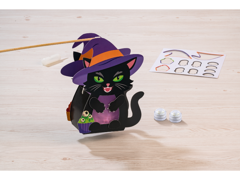 Lanterna gatto nero di Halloween con cappello da strega, luci LED e ritagli