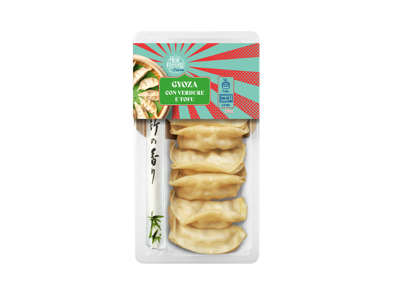 Gyoza con verdure e tofu, 170g, con istruzioni di cottura per 7 min. o 1,5 min. a 800W.