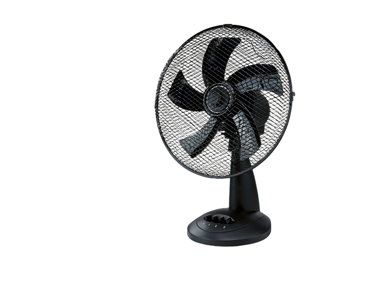 Ventilatore da tavolo nero con griglia metallica e pulsanti di velocità