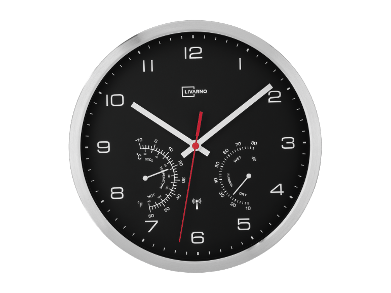 Orologio da parete nero con termometro e igrometro, con cornice argentata.