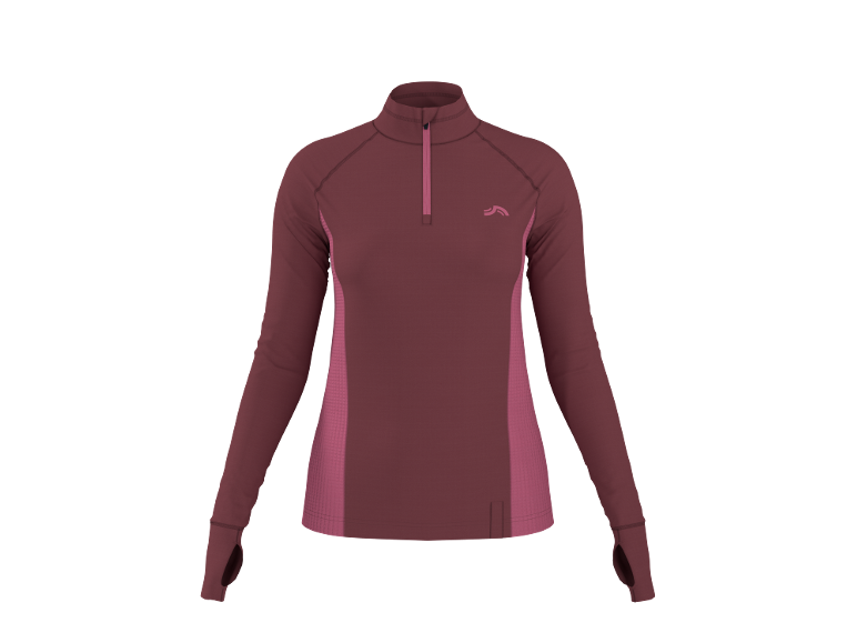 Maglia termica a maniche lunghe bordeaux da donna con cerniera al collo.